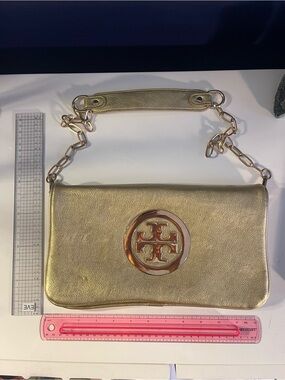 Tory Burch Gold Leather Chain Shoulder Bag with Logo Medallion